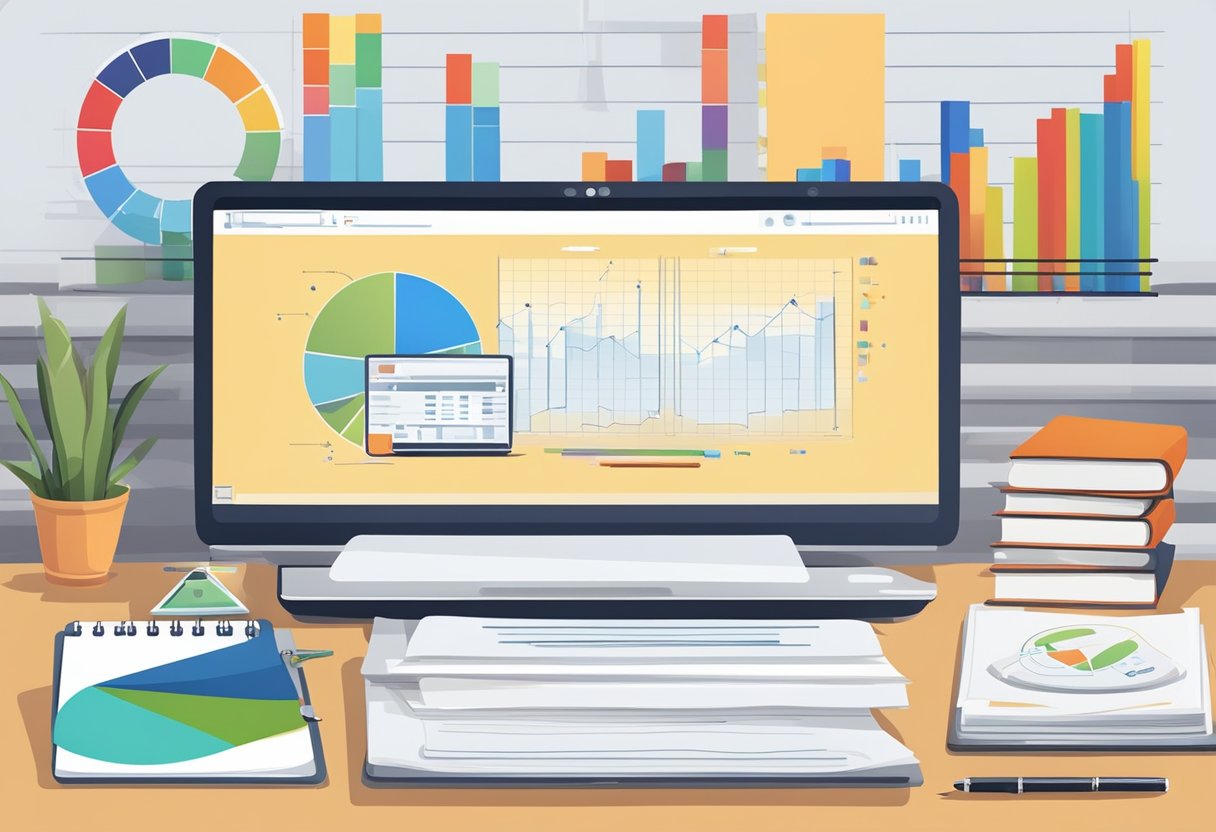 A laptop, a desk, a stack of books, and a notepad with a pen, surrounded by charts and graphs on the wall