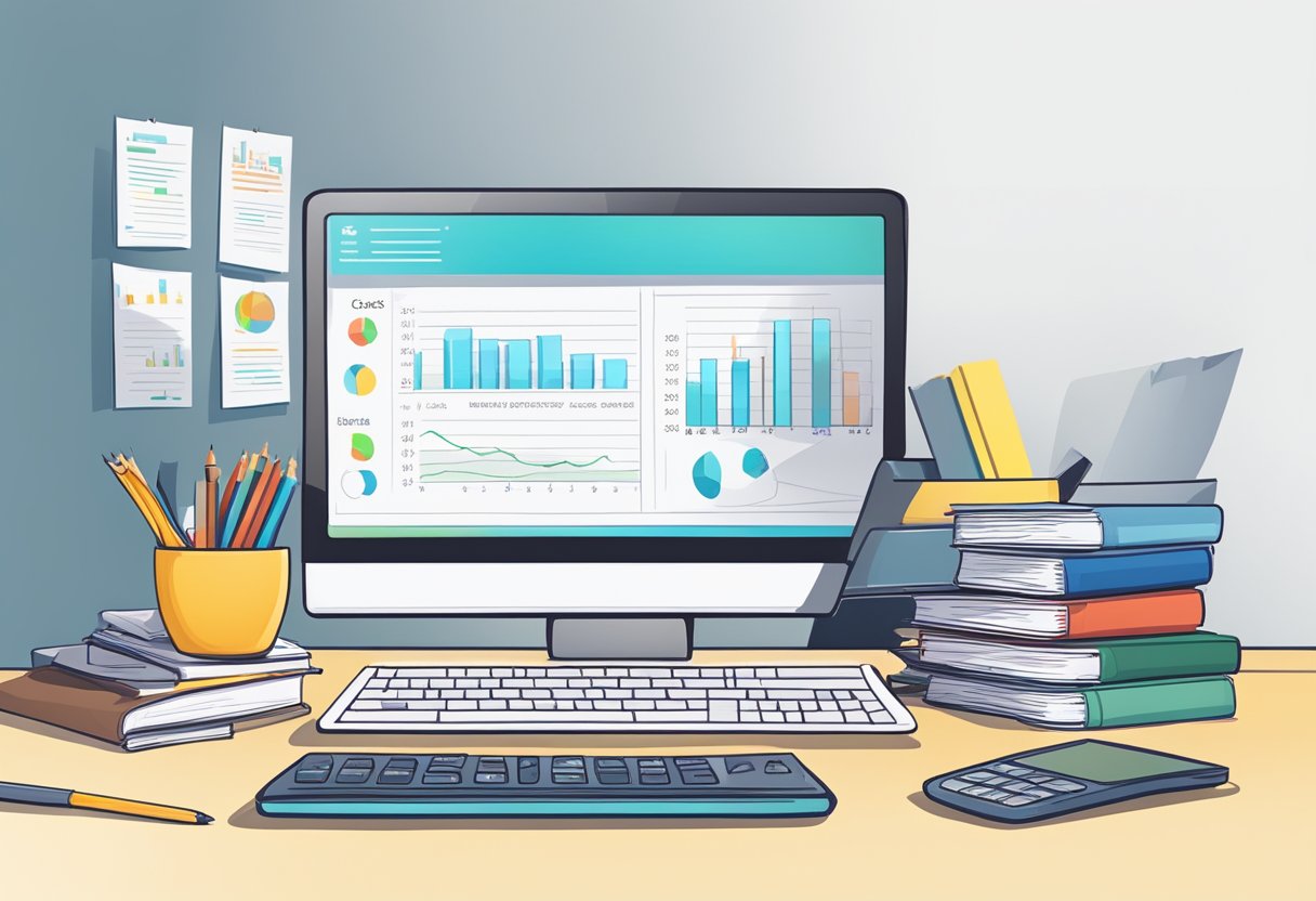 A desk with a computer, calculator, and paperwork. A whiteboard with financial projections. A stack of business books and a notebook with start-up cost calculations