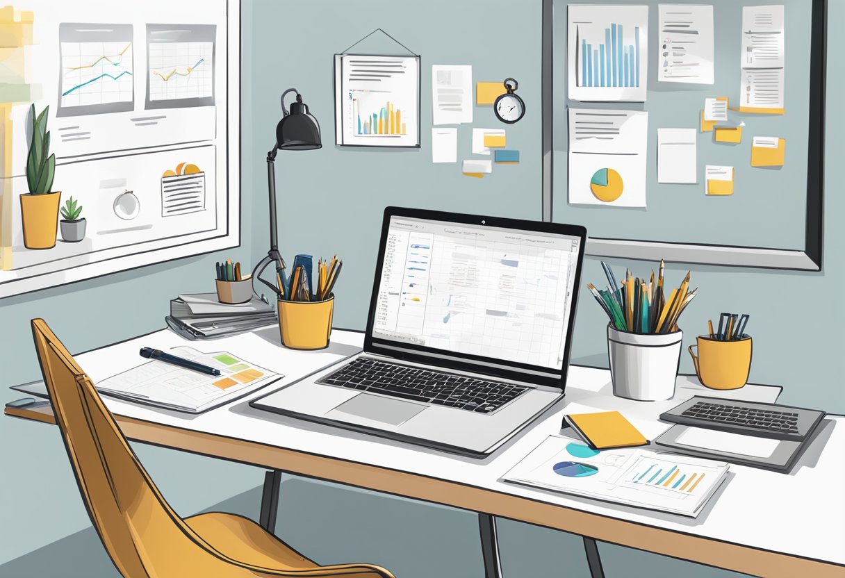 A laptop, desk, and office supplies sit on a clean workspace. A whiteboard displays a business plan with financial projections