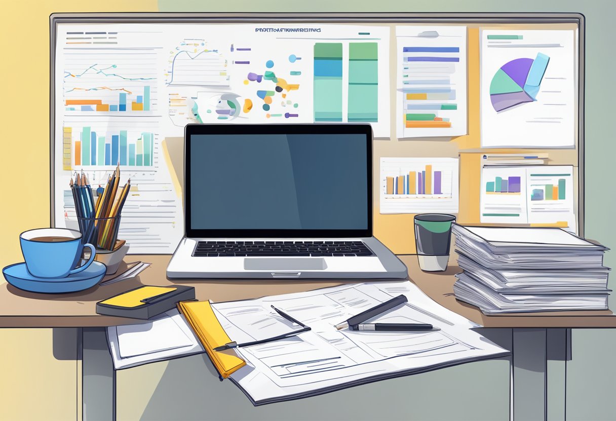 A desk with a laptop, office supplies, and a stack of financial documents. A whiteboard with a list of start-up expenses for an affiliate marketing business