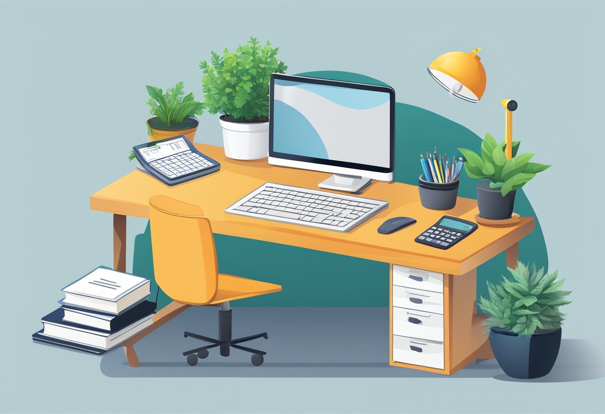 A desk with a computer, notebook, and calculator. A graph showing growth. A stack of business books. A globe. A plant