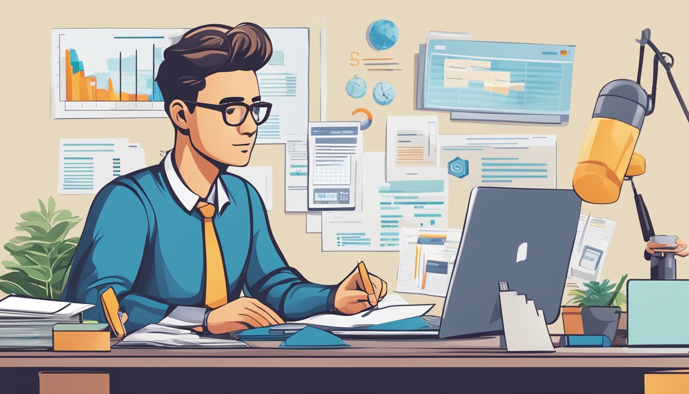 A person sitting at a desk, surrounded by paperwork and a computer, calculating loan repayments. A bank logo is visible in the background