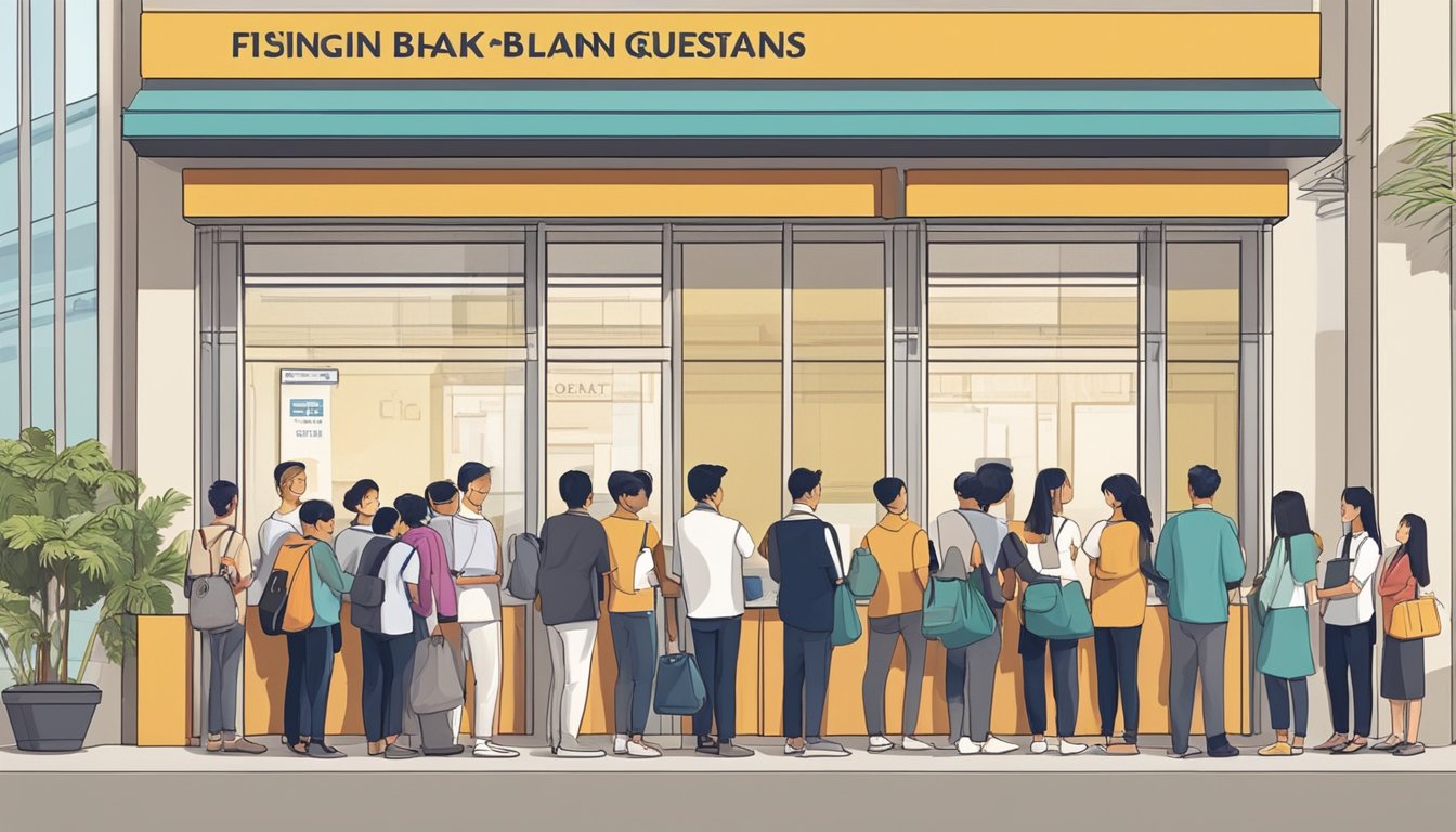 A line of diverse people wait in front of a bank in Singapore, with a sign reading "Frequently Asked Questions: Bank Loans for Foreigners."