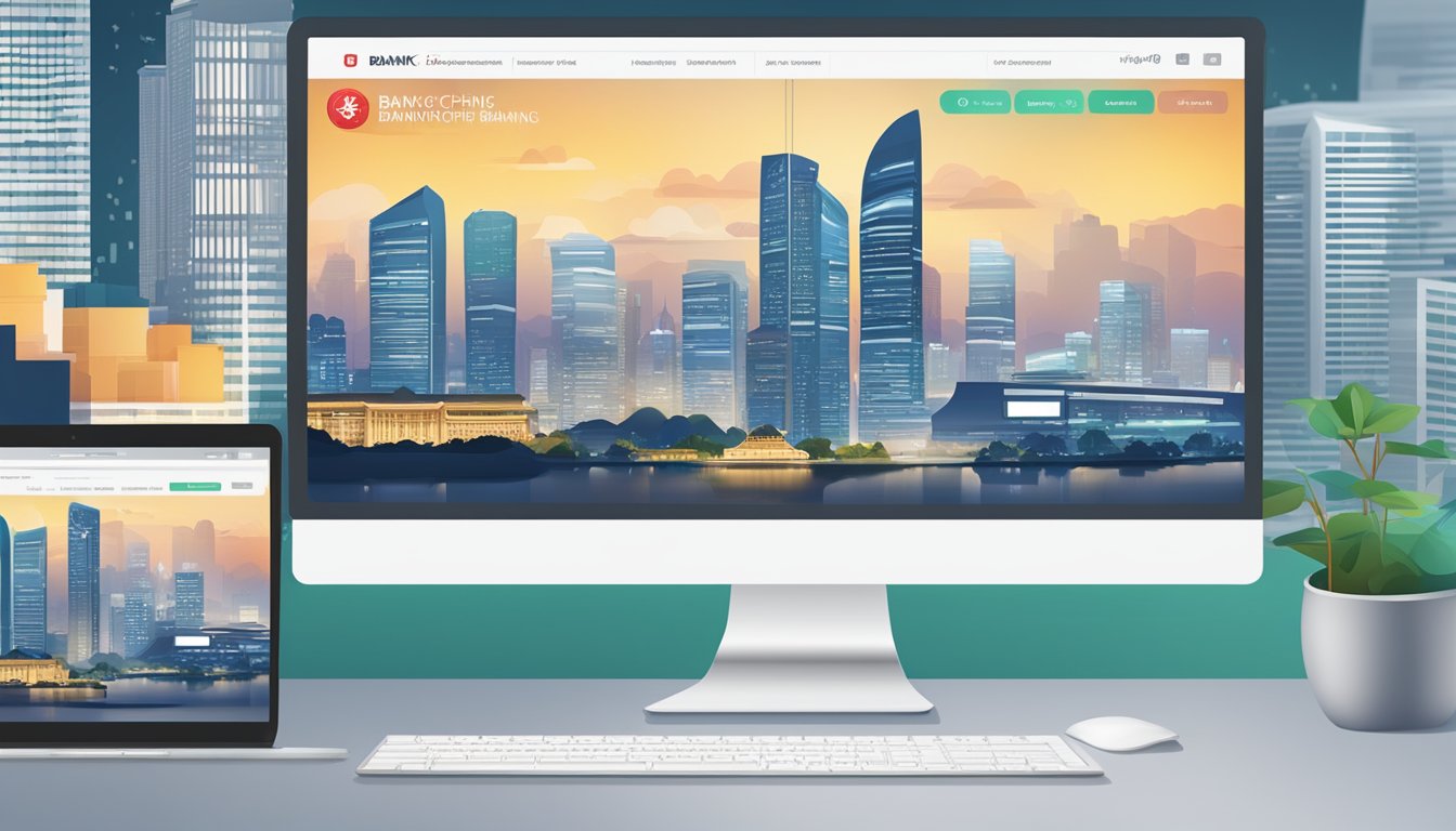 A computer screen displaying Bank of China Internet Banking homepage with Singapore skyline in the background