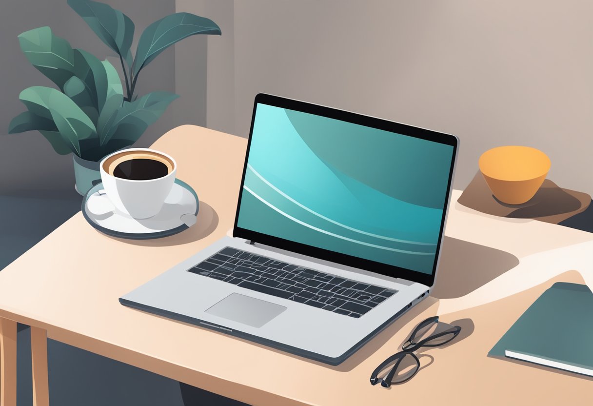 A laptop on a cozy desk with a cup of coffee, representing the flexibility and convenience of affiliate marketing