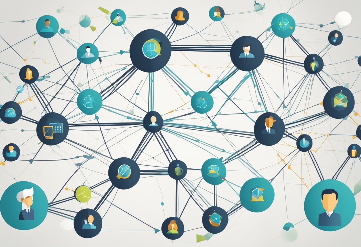 A web of interconnected nodes symbolizing strategic partnerships and networks, with arrows representing the flexibility and convenience of affiliate marketing