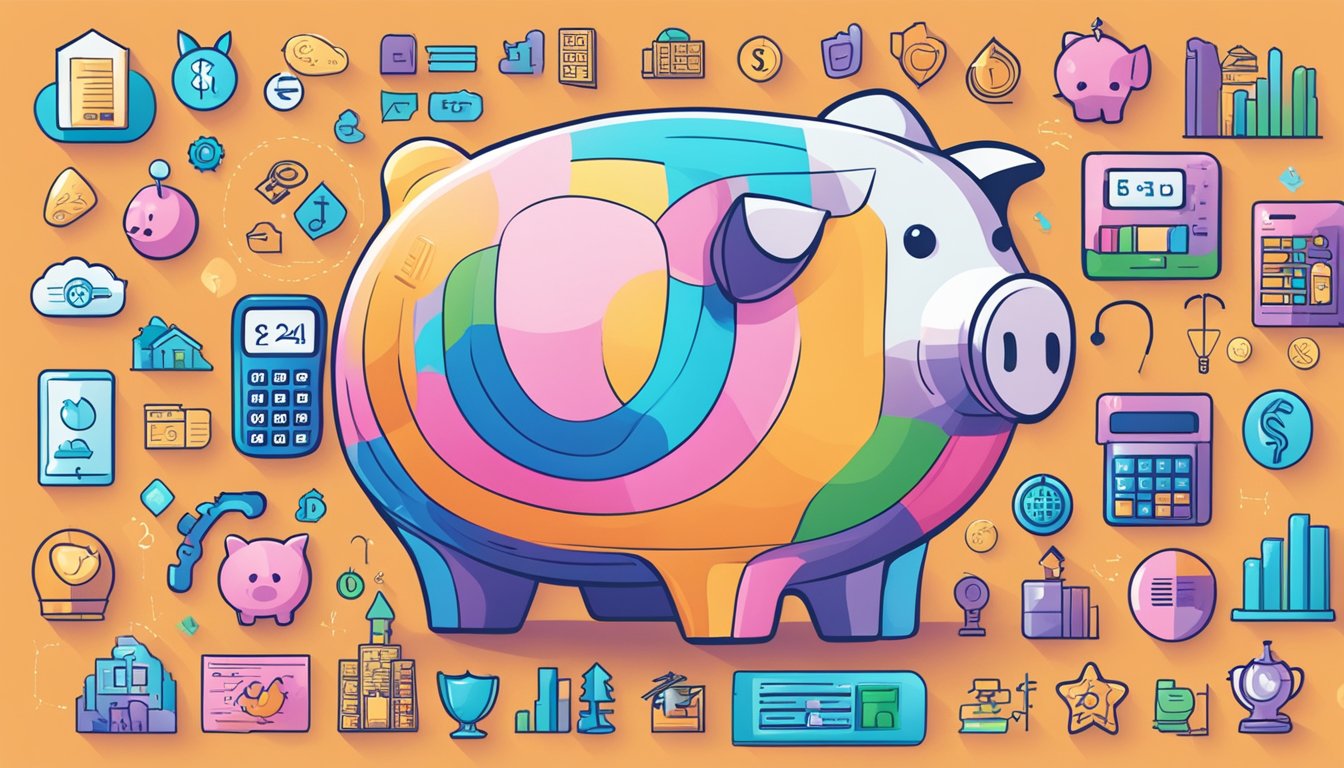 A colorful piggy bank surrounded by various financial services icons and symbols, including a calculator, coins, and a key