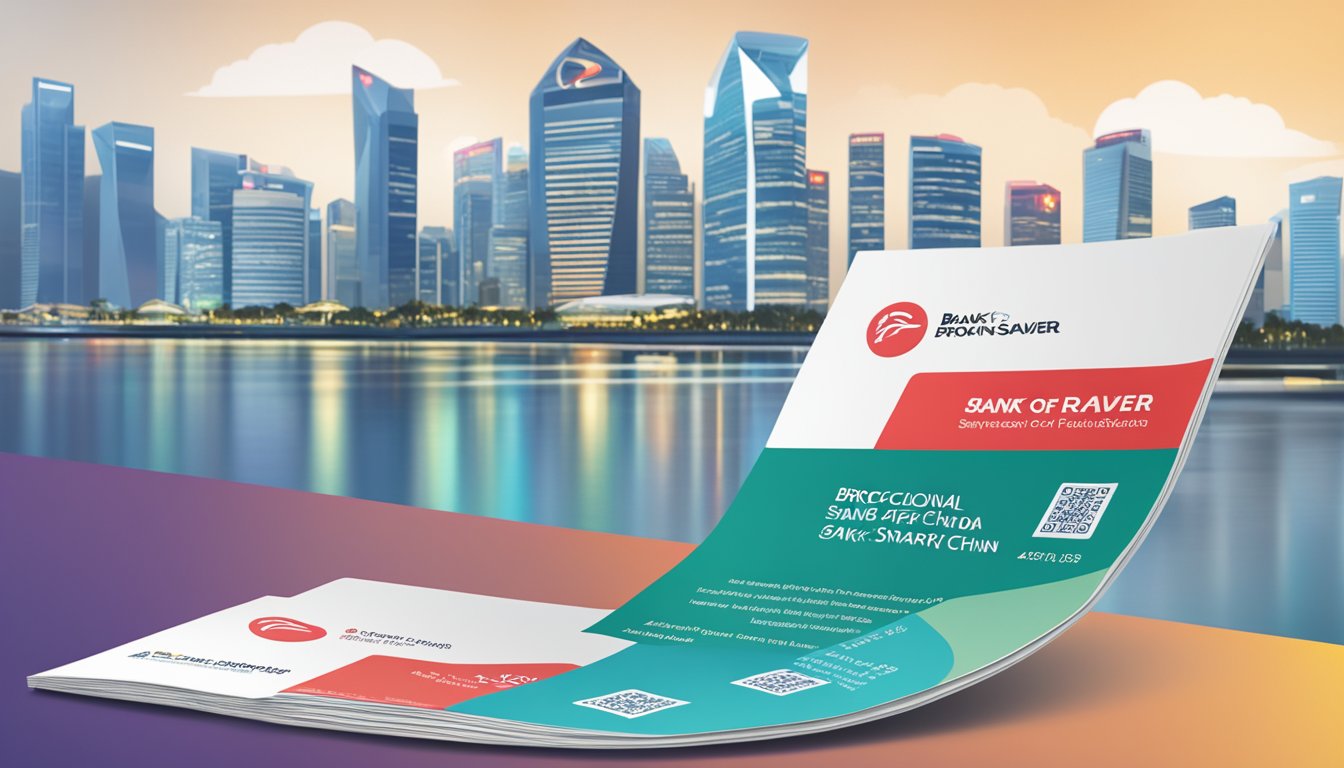 A stack of FAQ brochures with Bank of China Smart Saver logo, against a backdrop of Singapore skyline