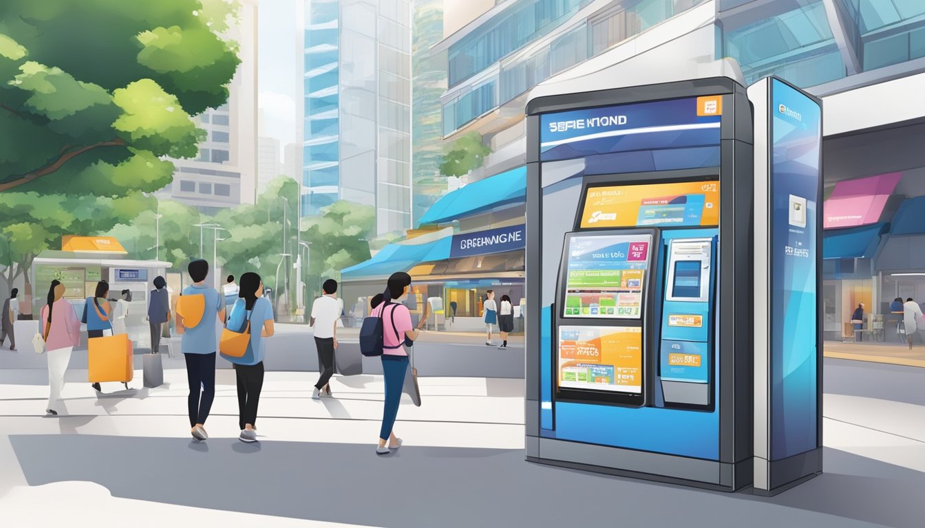 A digital kiosk stands in the bustling Bedok Central, offering online services for money exchange in Singapore. The vibrant cityscape surrounds the modern technology