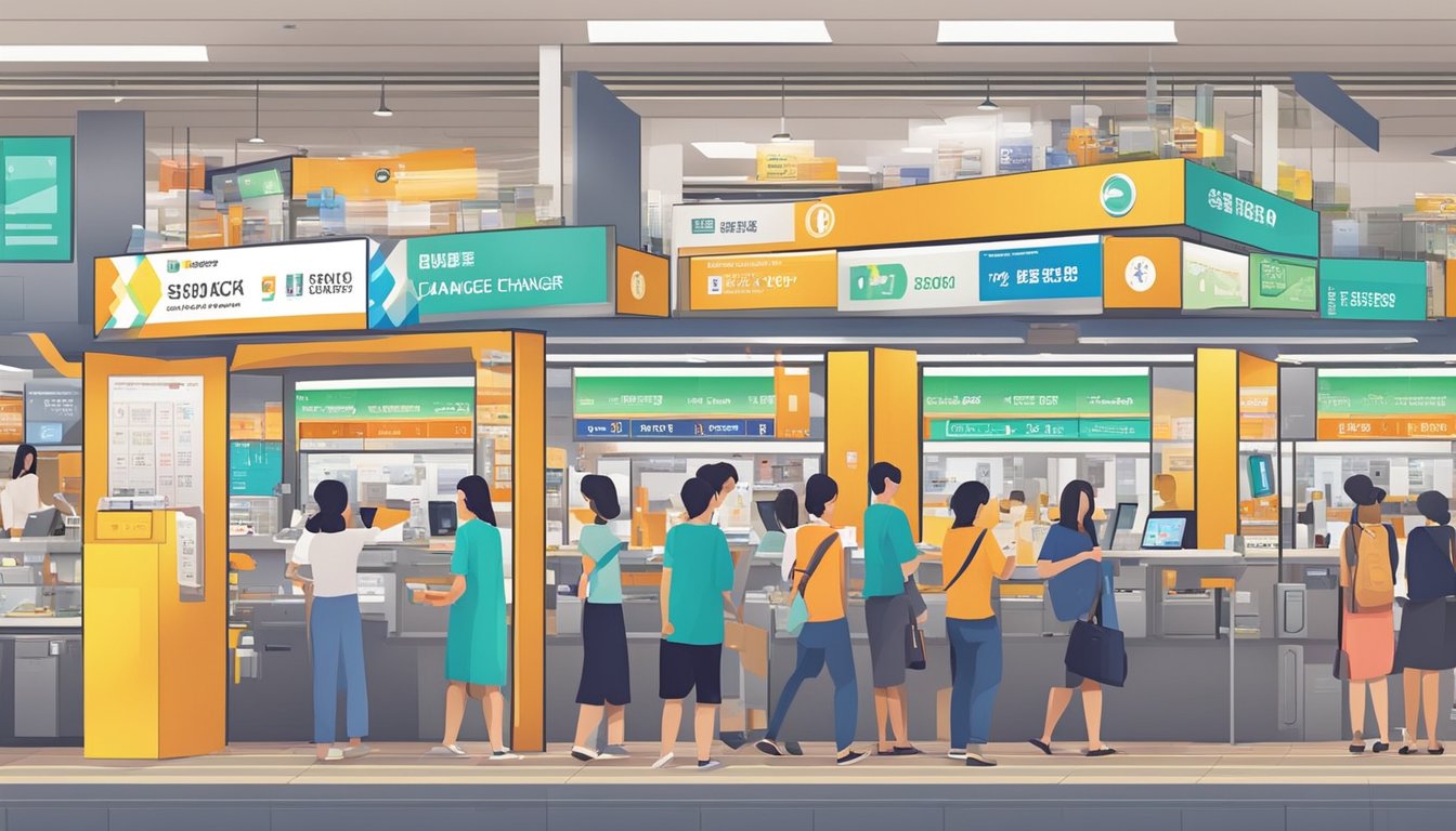 The bustling Bedok Interchange money changer in Singapore, with colorful currency exchange signs and busy customers