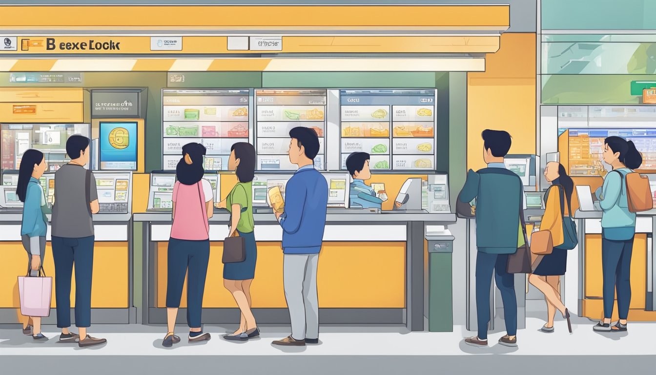 A bustling Currency Exchange Services booth at Bedok Interchange, Singapore. Customers line up with various currencies in hand, while the staff swiftly exchange money behind the counter