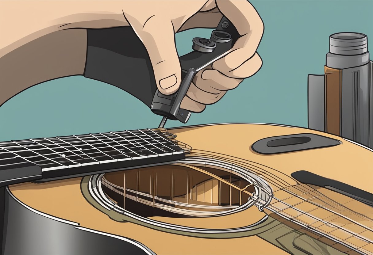 An acoustic guitar being examined and diagnosed for issues, then repaired by a technician