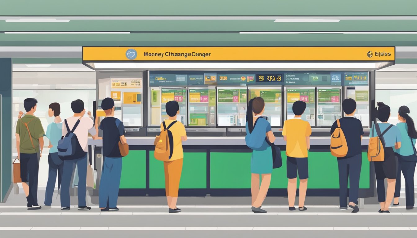 People queue at Bedok Interchange money changer in Singapore. Staff exchange currency behind counter. Buses and commuters pass by
