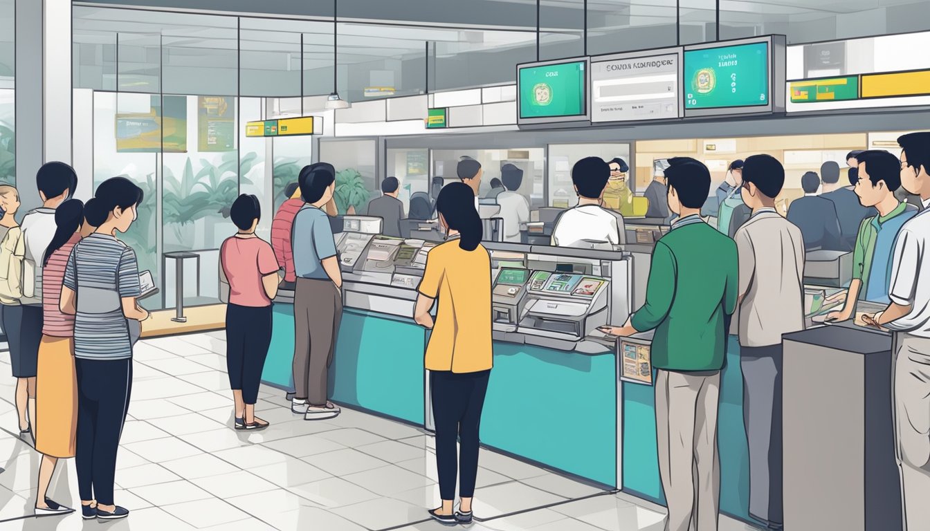 Customers line up at Bedok Interchange money changer in Singapore, exchanging currency with staff behind the counter