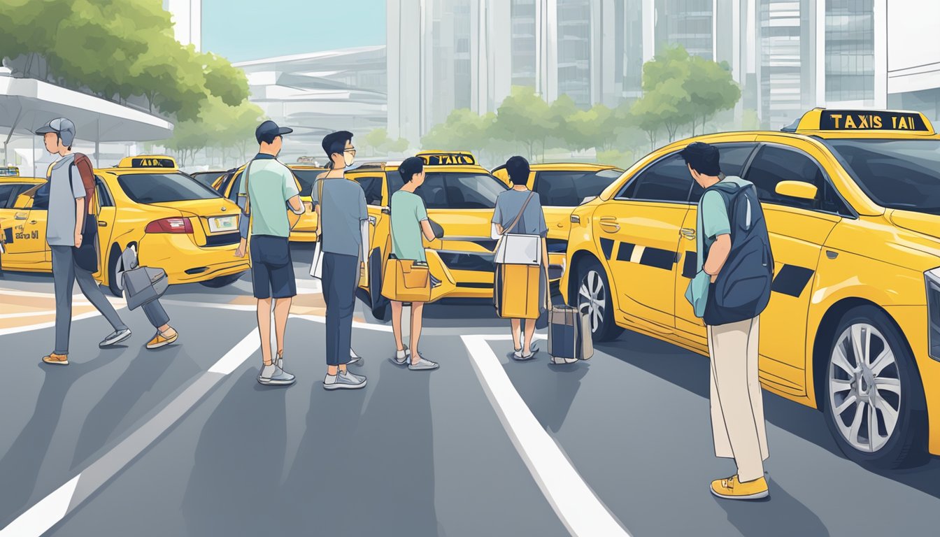 A line of taxis waiting at the Bedok Mall taxi stand in Singapore, with people approaching and asking questions