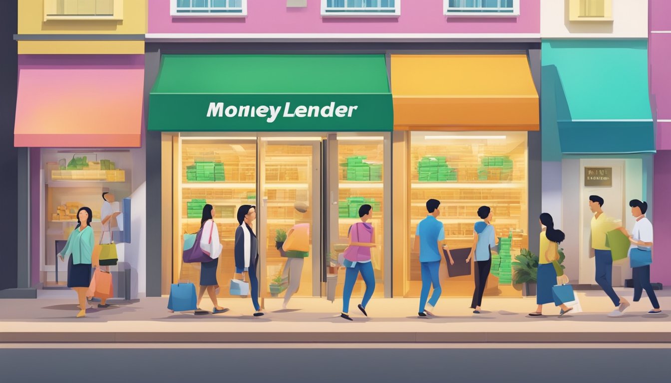 A money lender's sign in Bedok, Singapore, with a vibrant storefront and people passing by