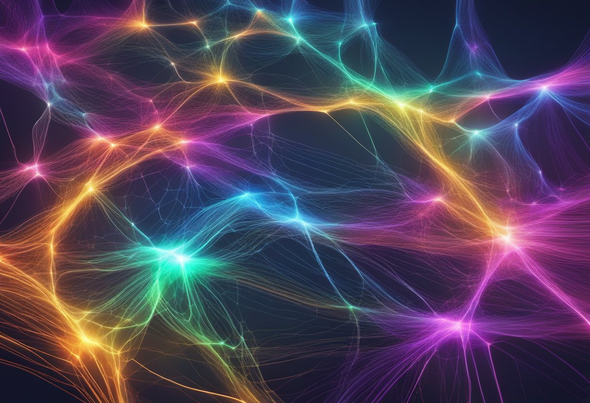 A vibrant digital landscape with interconnected nodes emitting RGB light, pulsing in sync with each other