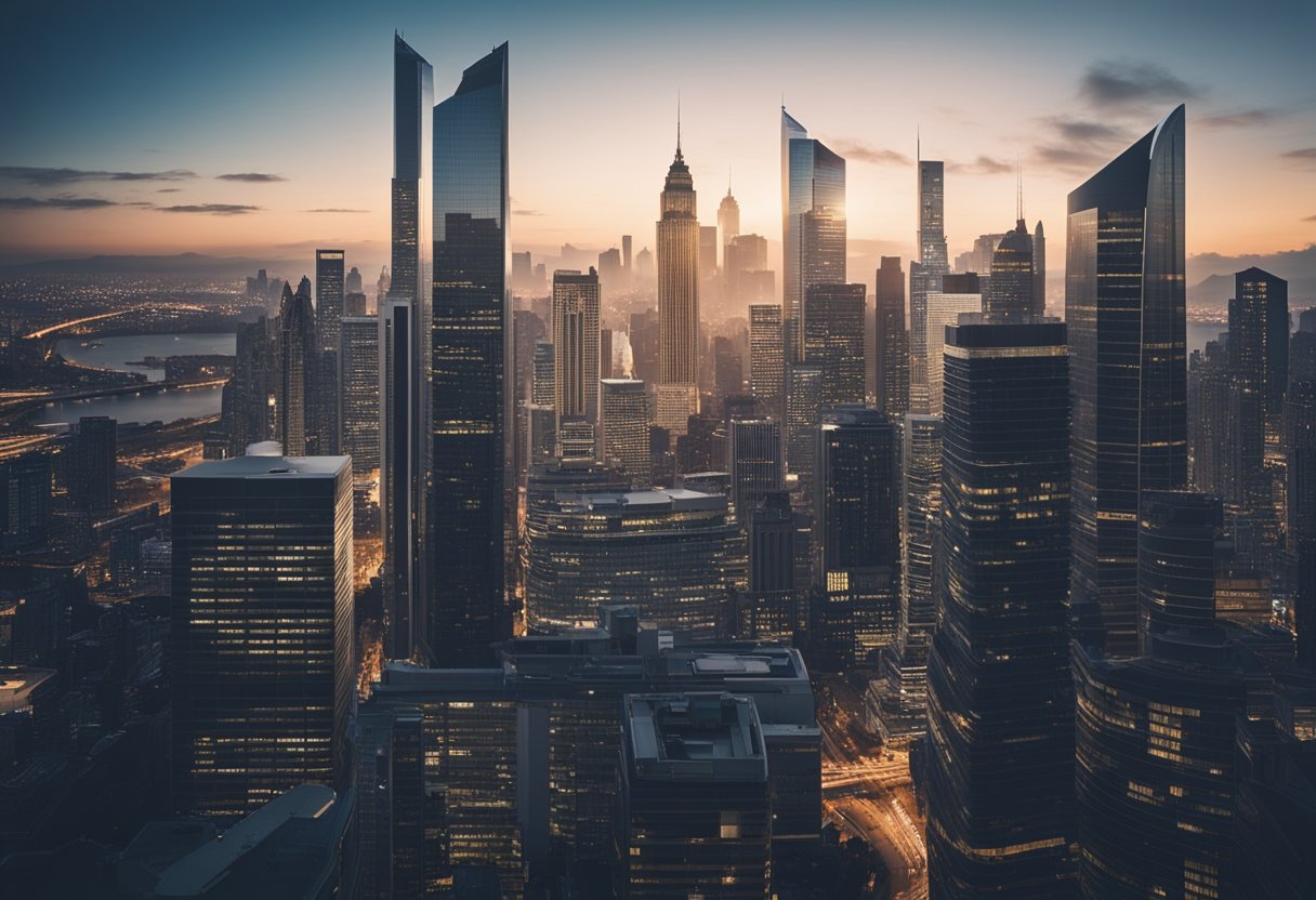 A bustling city skyline with skyscrapers and bustling streets, representing the fast-paced and dynamic nature of business growth in 2024