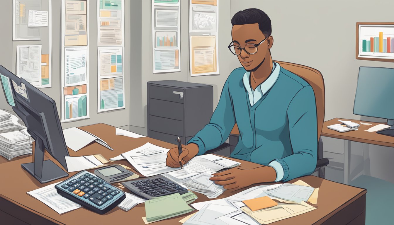 A person sitting at a desk, surrounded by financial documents and a calculator. A sign on the wall reads "Financial Tips for Borrowers."