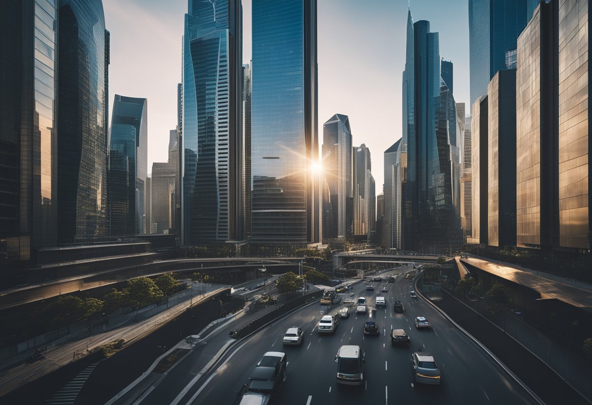 A modern city skyline with towering skyscrapers and bustling streets, showcasing the dynamic and resilient nature of a thriving business environment in 2024