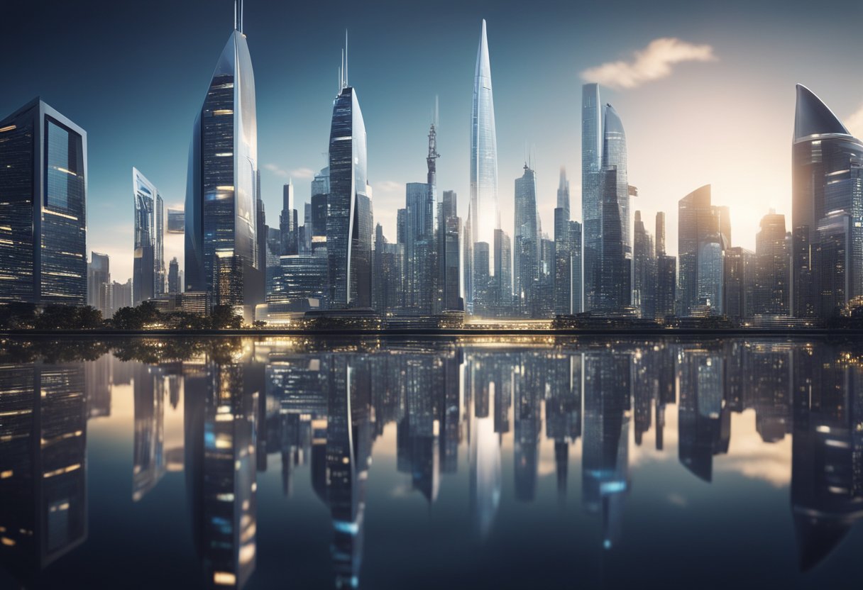 A futuristic city skyline with cutting-edge technology integrated into skyscrapers, showcasing innovation and growth for 2024