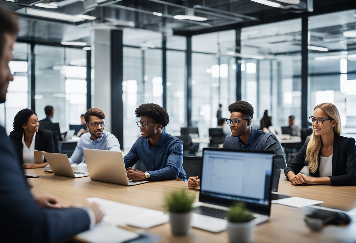 A bustling office with diverse employees collaborating, learning, and growing together. Charts and graphs adorn the walls, showcasing business growth strategies. Training materials and technology are readily available for workforce development