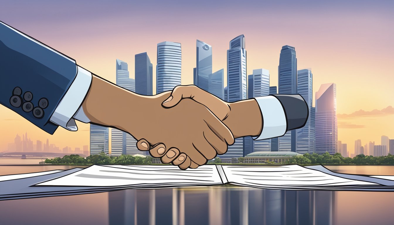A handshake between two individuals, one holding a document, in front of the Singapore skyline