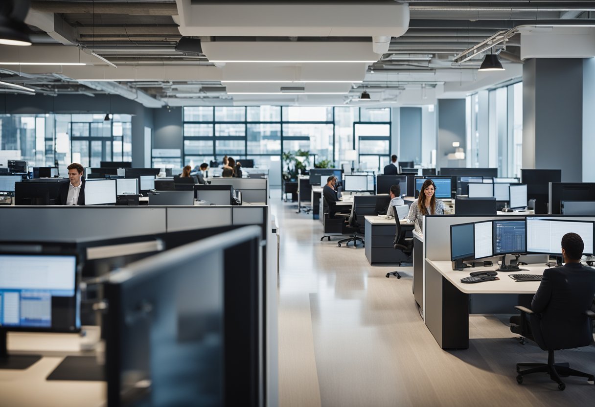 A bustling office with a modern, open layout. Customer service representatives engage with clients, while managers analyze data on large screens. The atmosphere is dynamic and professional, with a focus on enhancing customer experience and relationship management
