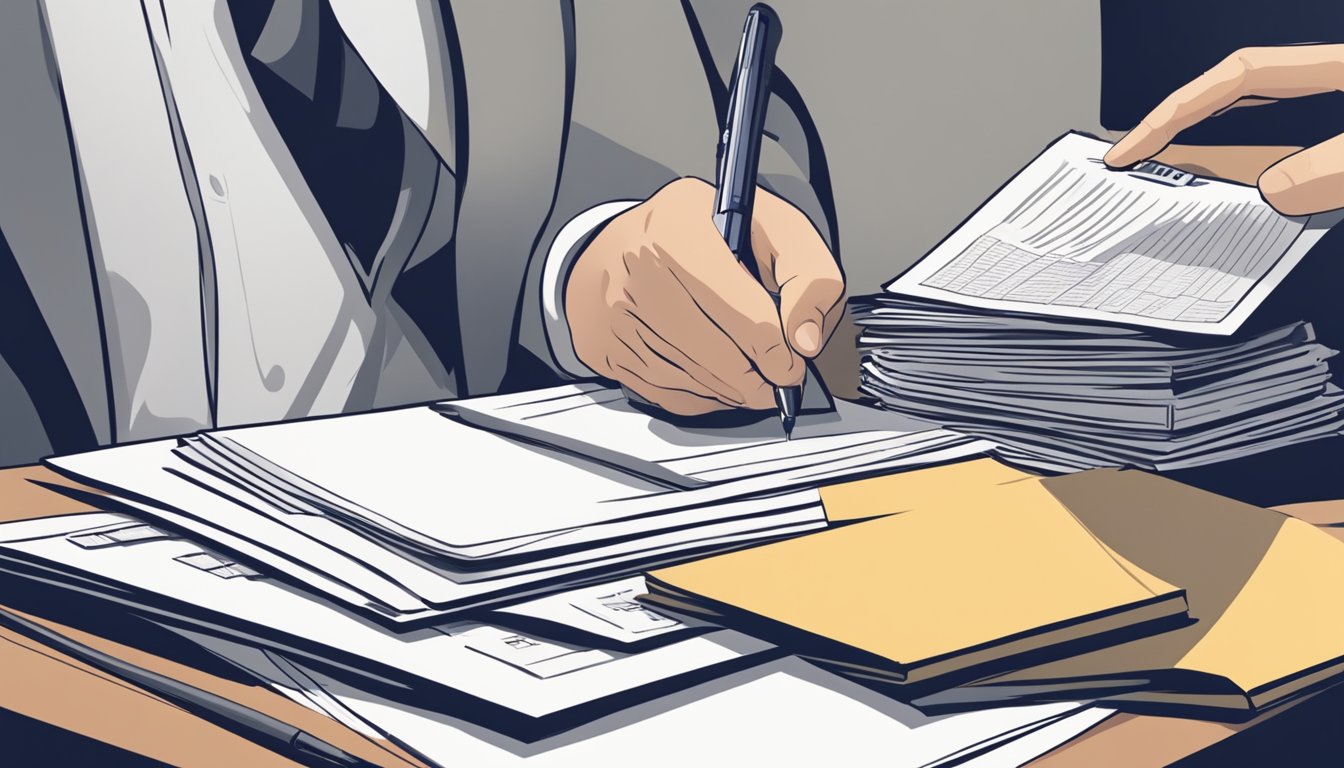 A person signing a legal document as a guarantor, with a pen in hand, while looking at a stack of financial papers and documents on a desk