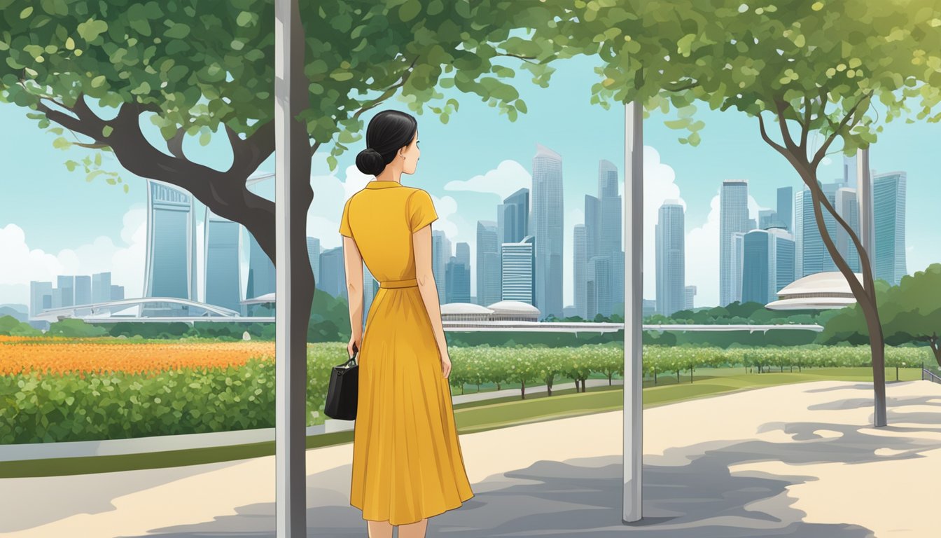 A beautiful lady stands at an orchard gateway, overlooking the scenic view of Singapore
