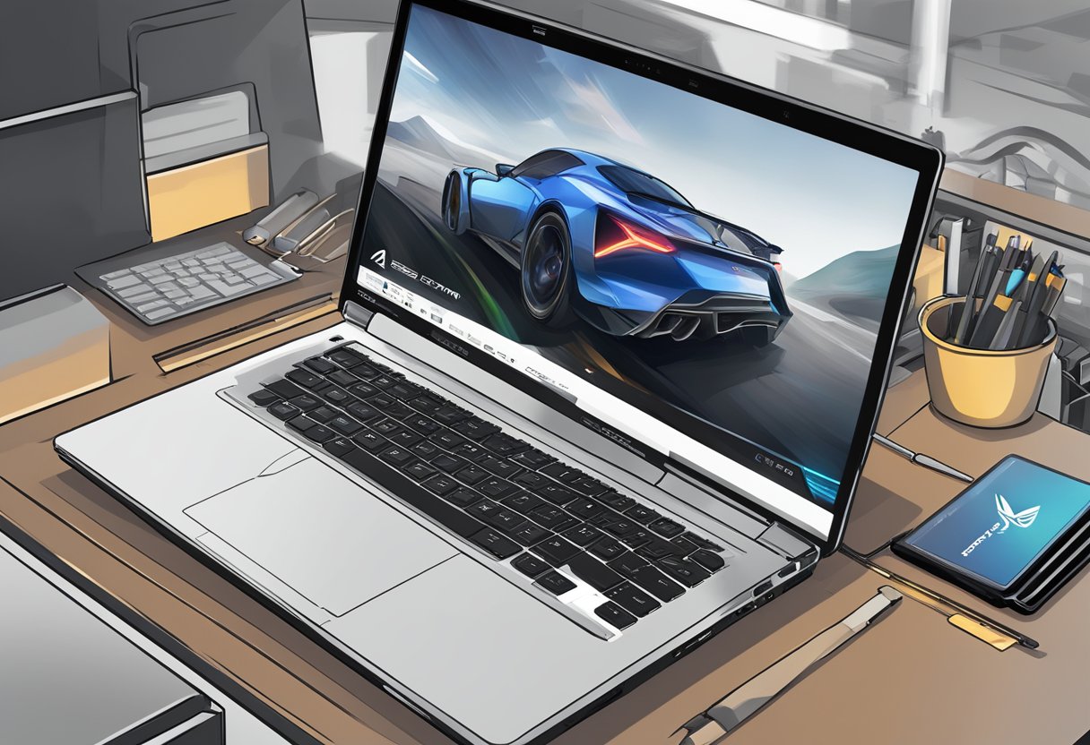 A laptop displaying the ASUS ROG Armoury website. A cursor clicks on the download button as a progress bar fills