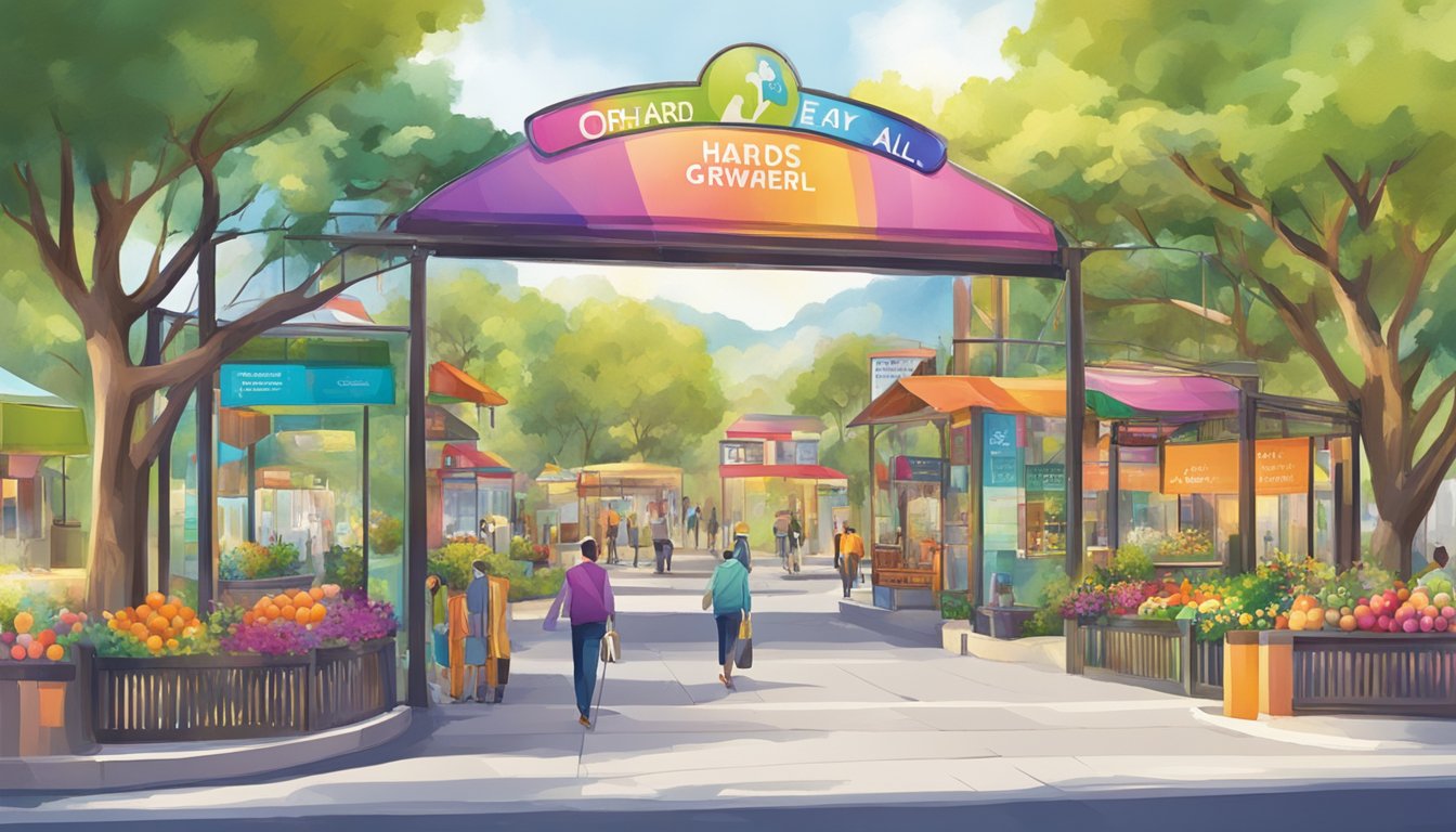 A colorful and vibrant orchard gateway with a sign showcasing "Services Tailored to All" for everyone