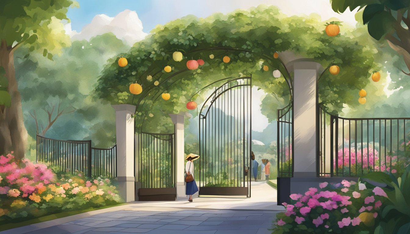 A lush orchard gateway in Singapore, with a beautiful lady welcoming visitors to "Plan Your Visit." Vibrant flowers and fruit trees surround the entrance, creating a serene and inviting atmosphere