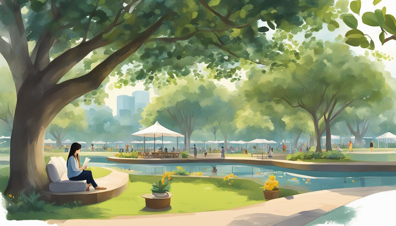 A serene orchard gateway in Singapore, with a belle lady reading a review under a shady tree