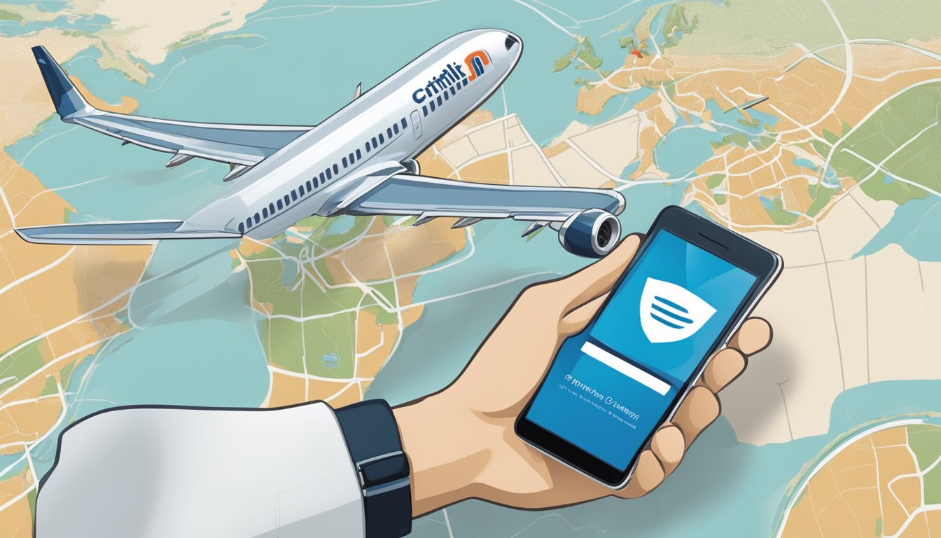 A person swiping a Citi PremierMiles card at a travel agency, with a map and airplane in the background, symbolizing earning and accumulating miles benefits