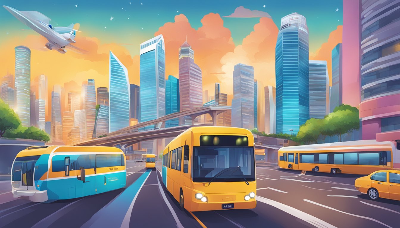 The scene depicts a vibrant cityscape with iconic landmarks and a variety of transportation modes, showcasing the travel benefits of the Citi PremierMiles card in Singapore