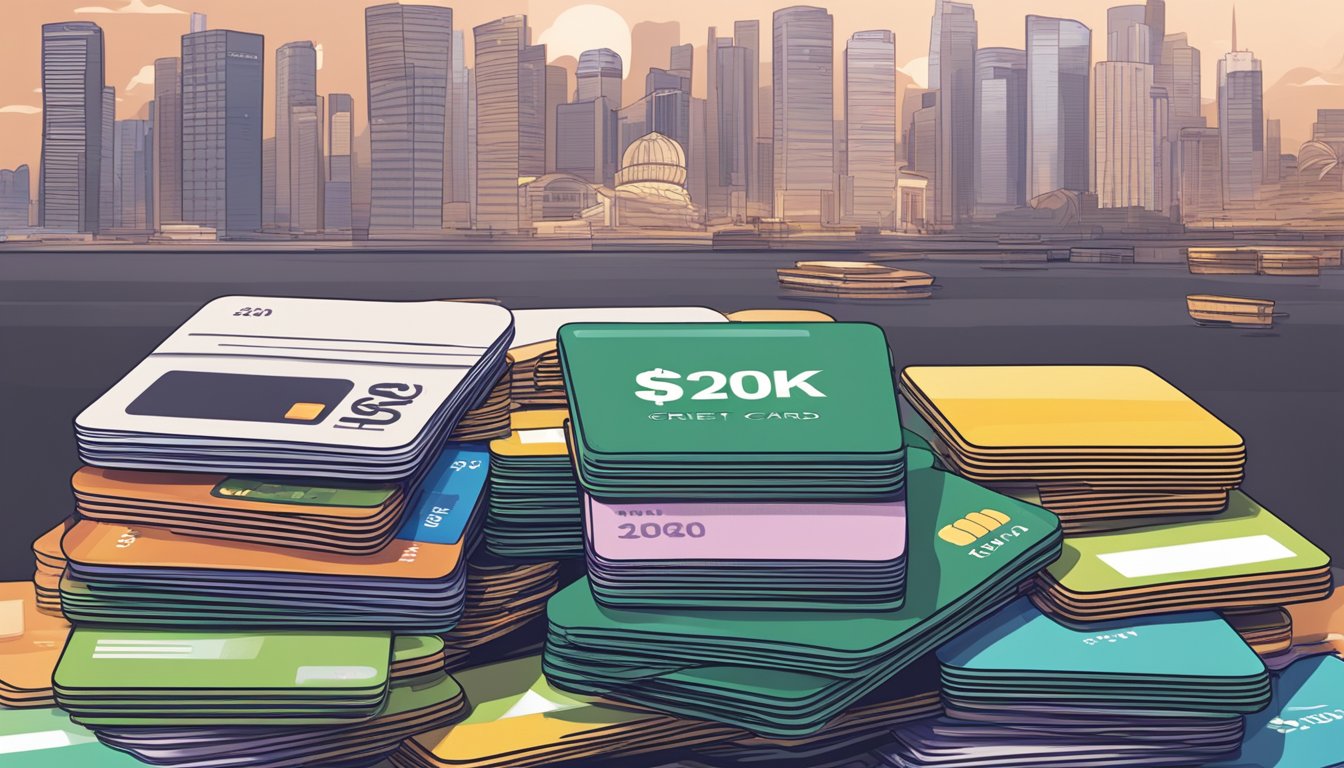 A stack of credit cards with a "$120K" label, against a Singaporean backdrop
