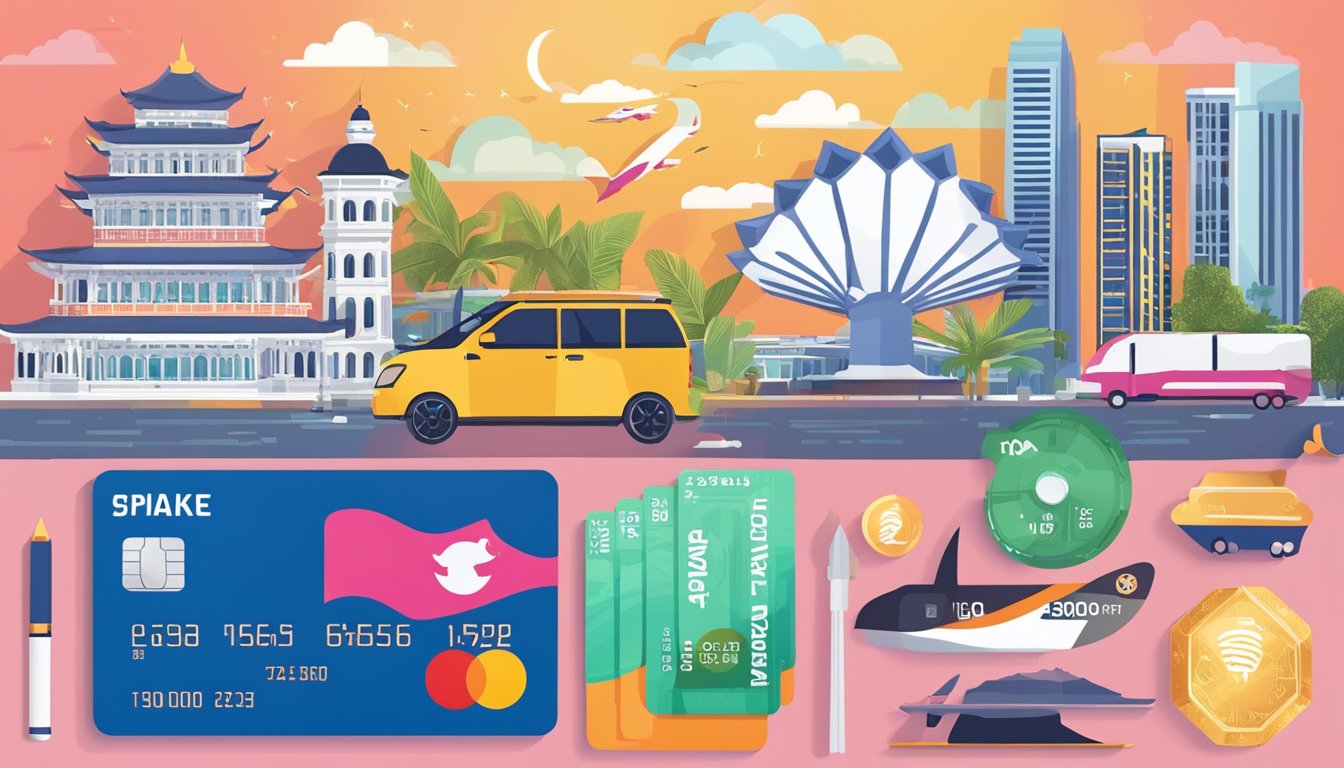 A credit card surrounded by rewards like travel vouchers and cashback offers, with a prominent "120k" displayed, against a backdrop of iconic Singapore landmarks
