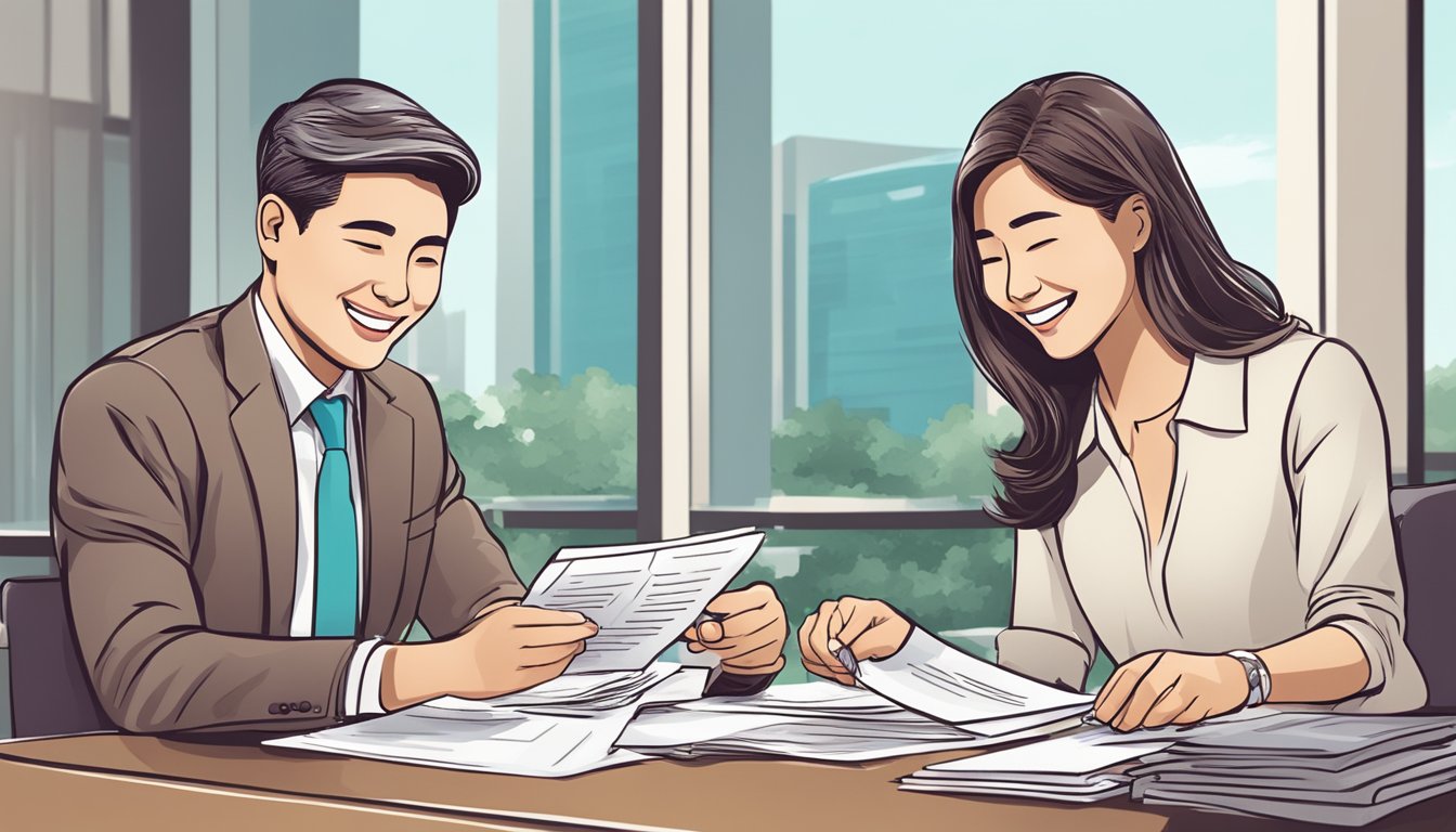 A couple reviewing documents at a bank, smiling as they discuss joint account options in Singapore