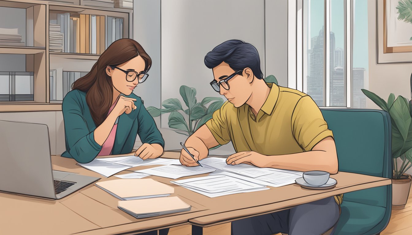 A couple sits at a table, reviewing financial documents together. They appear calm and organized, with a laptop open to a joint account in Singapore