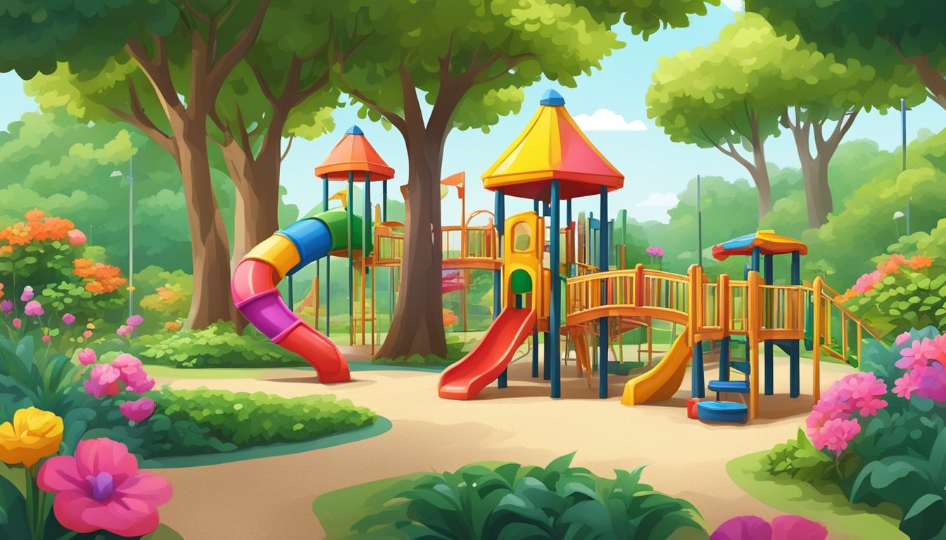A colorful playground with slides, swings, and a sandbox, surrounded by lush green trees and vibrant flowers in a sunny park in Singapore