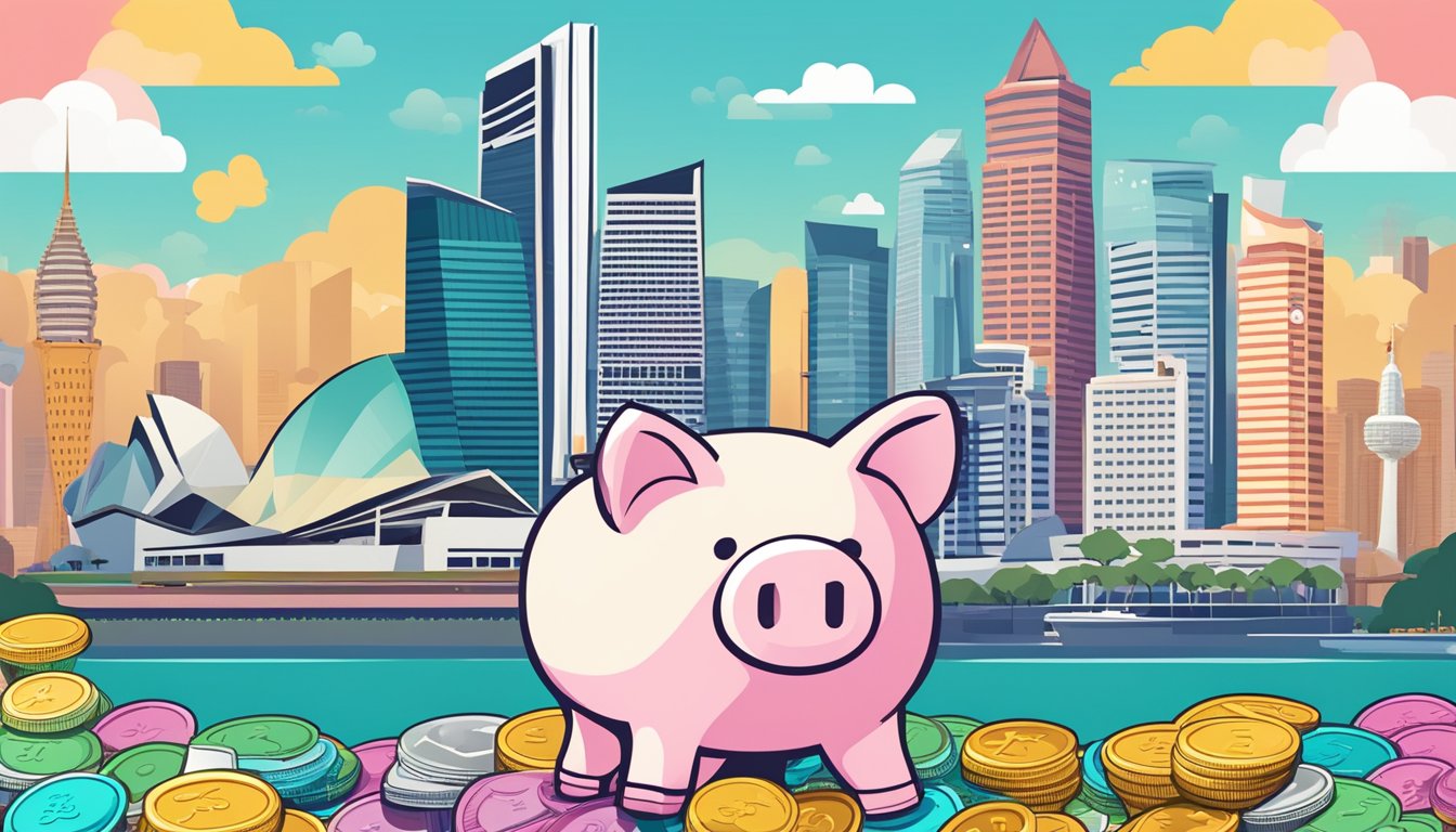 A piggy bank surrounded by colorful coins and dollar bills, with a backdrop of iconic Singapore landmarks like the Merlion and Marina Bay Sands