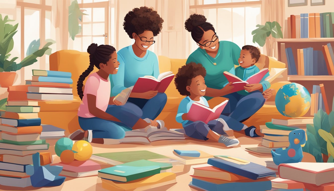 Children happily exploring a world of books, toys, and educational materials, while parents smile and engage in conversation with financial advisors