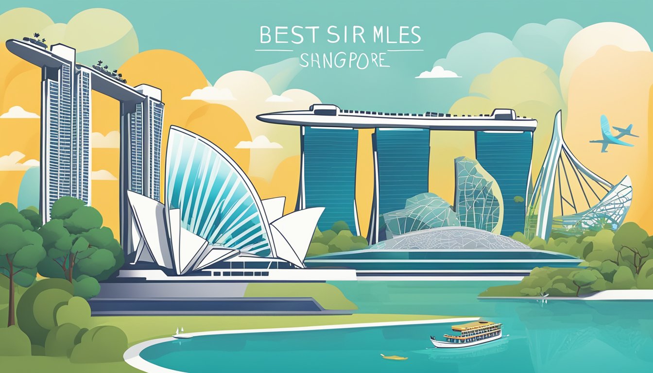 A sleek credit card with "Best Air Miles Card Singapore" printed on it, surrounded by iconic Singapore landmarks like the Marina Bay Sands and Gardens by the Bay