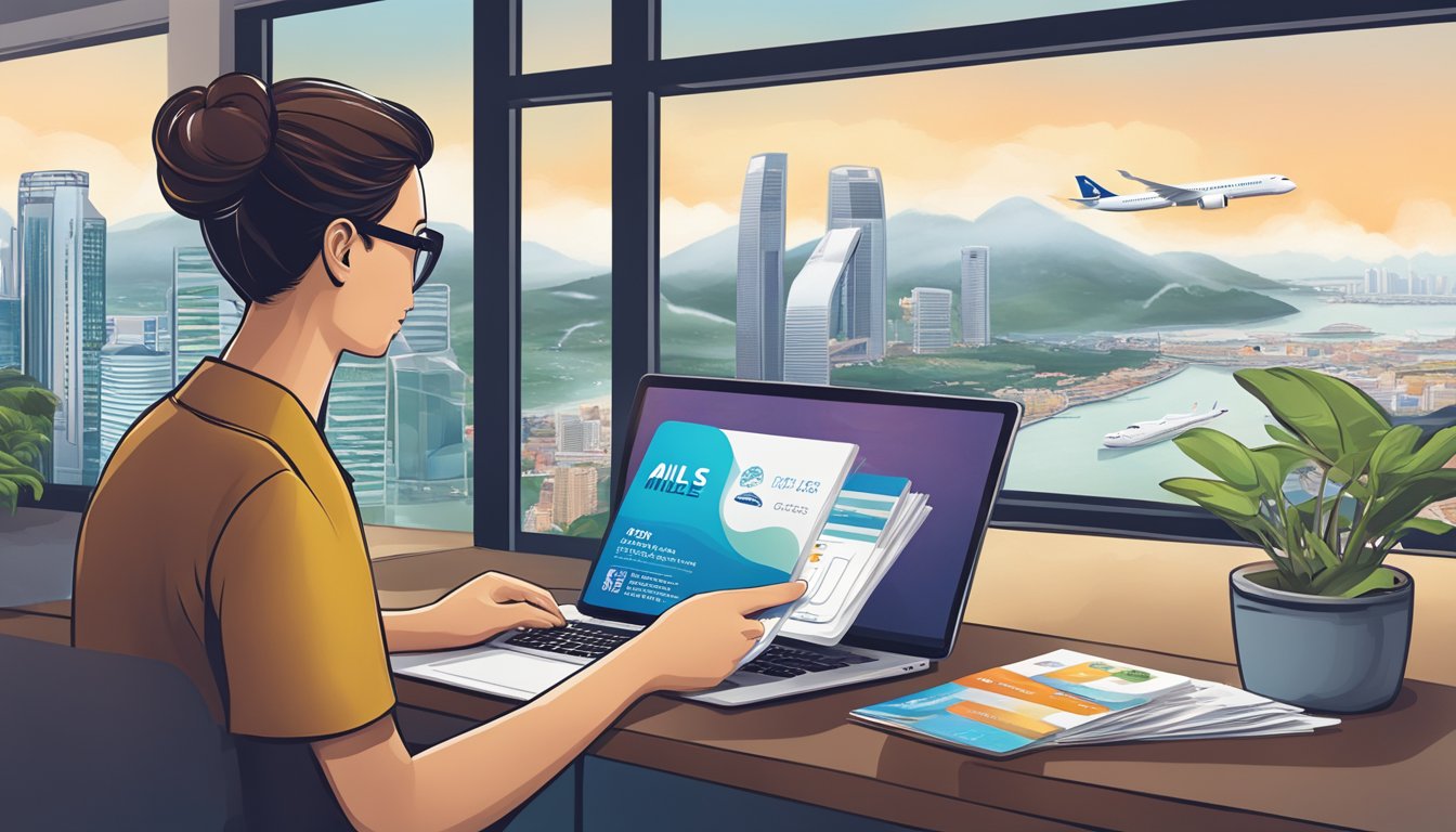 A person comparing top air miles cards in Singapore, surrounded by travel brochures and a laptop, with a skyline in the background