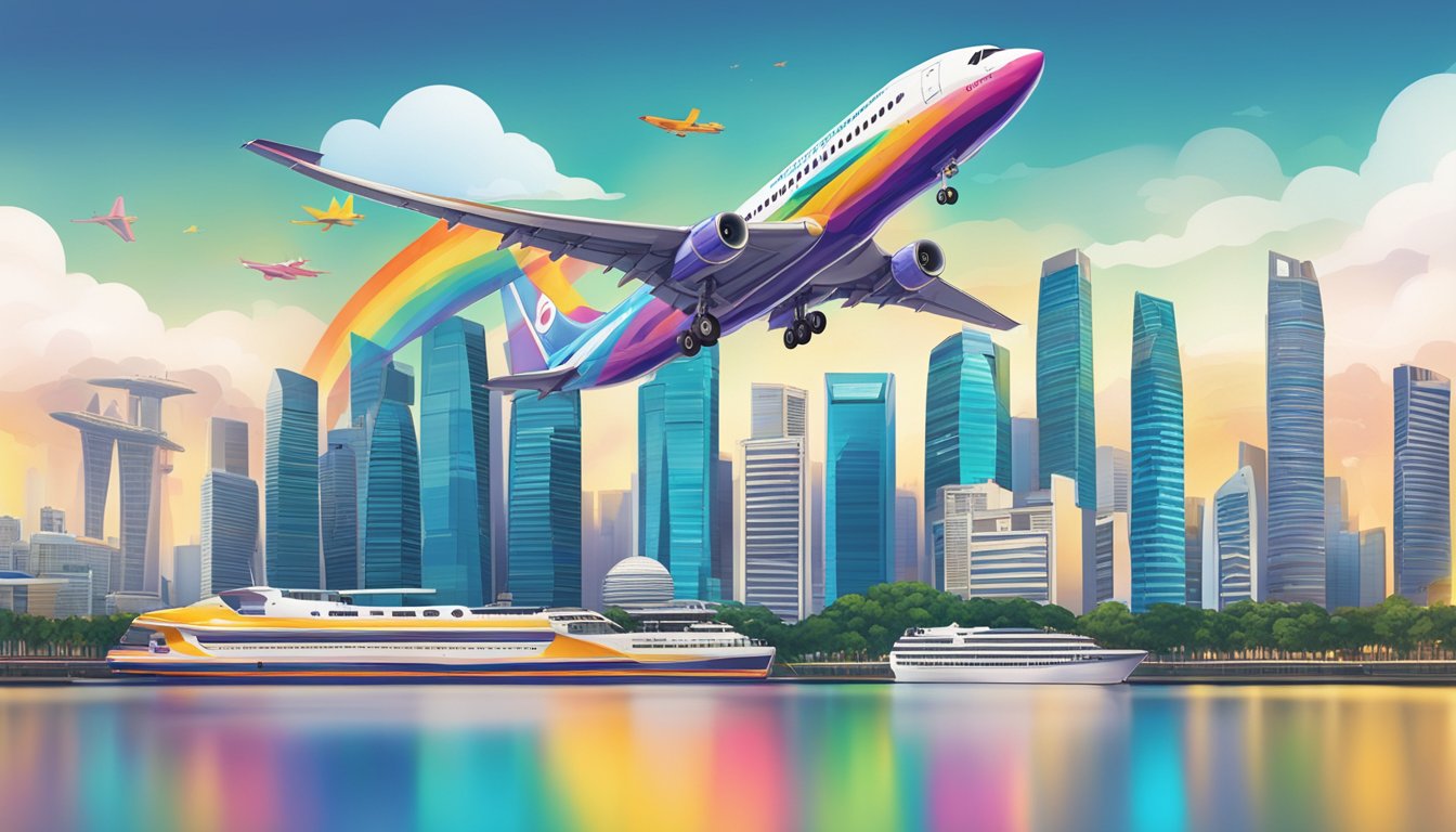 A colorful airplane soaring over the iconic skyline of Singapore, with the Perks Beyond Flights logo prominently displayed