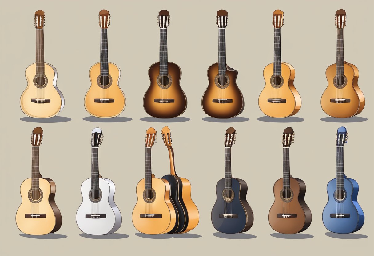 A classical guitar with recommended strings, depicting various types of strings for the instrument