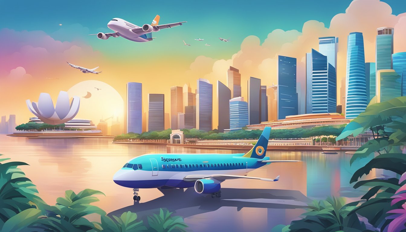 A vibrant cityscape with iconic landmarks of Singapore, a plane flying overhead, and a credit card with "Best Air Miles Credit Card" prominently displayed