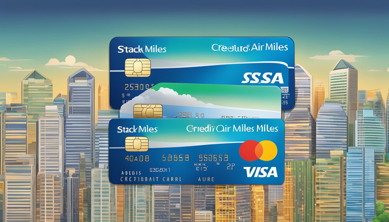 A stack of top Air Miles credit cards in Singapore, arranged neatly with the city skyline in the background