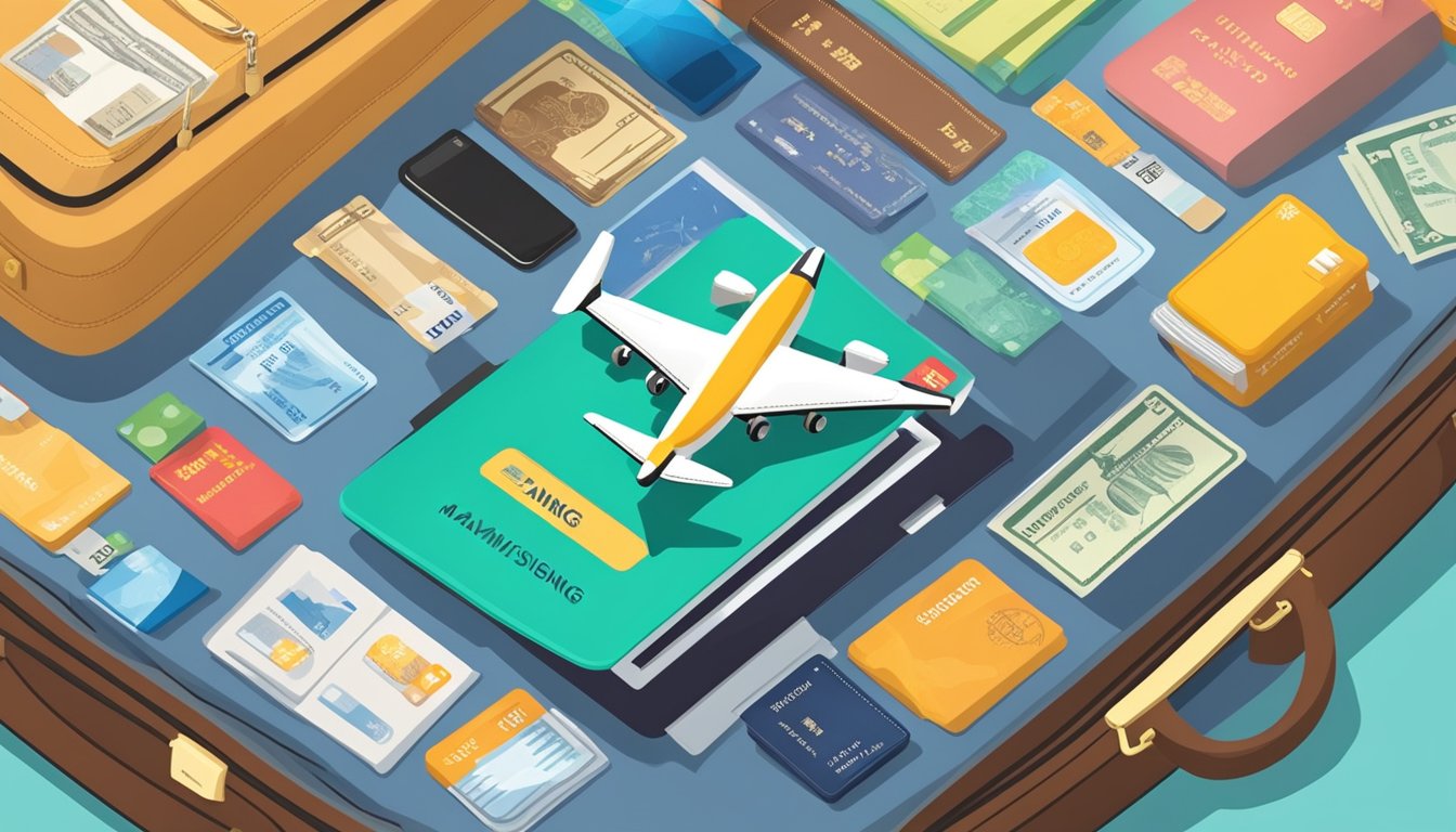 A credit card surrounded by travel-related items, such as a suitcase, airplane, and passport, with the words "Maximising Benefits and Rewards" prominently displayed